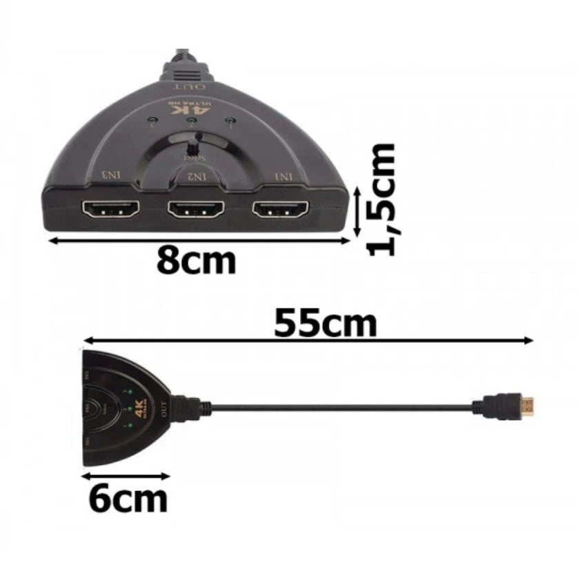 Switch HDMI 3 Ingressi 1 Uscita, 4K 30Hz, 1080p, Senza Alimentazione, per PS4 PS5 Xbox PC TV