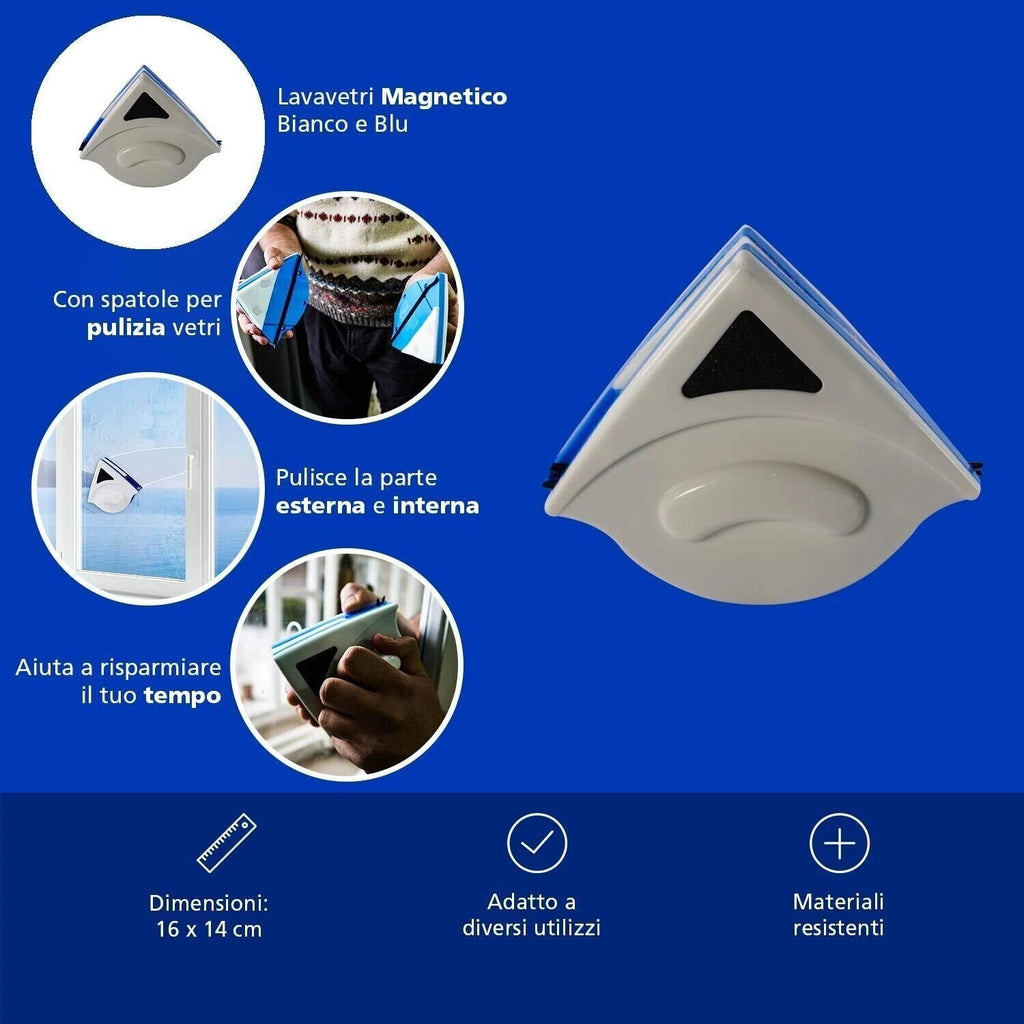 Lavavetri Magnetico Bifacciale, Doppio Magnete, Cordino di Sicurezza, per Pulizia Finestre in Sicurezza