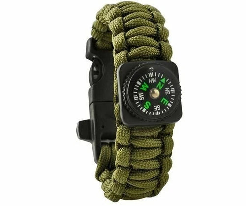 Bracciale Survival Paracord 5 in 1, Bussola, Acciarino, Coltello, Fischietto, Verde, per Trekking e Campeggio