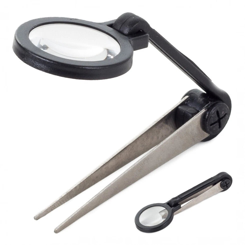 Lente d'Ingrandimento con Pinzette Integrate e Testa Regolabile, Ø25mm, 8,5cm, per Gioielleria e Monete