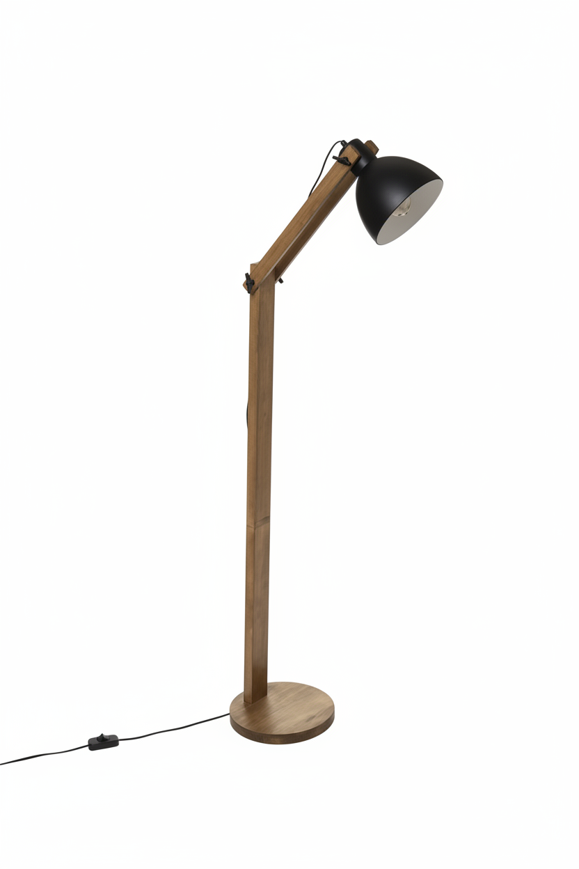 Lampada da Terra ad Arco Cuba, Braccio Articolato in Pino, Paralume Metallo Nero, H155cm, Attacco E27