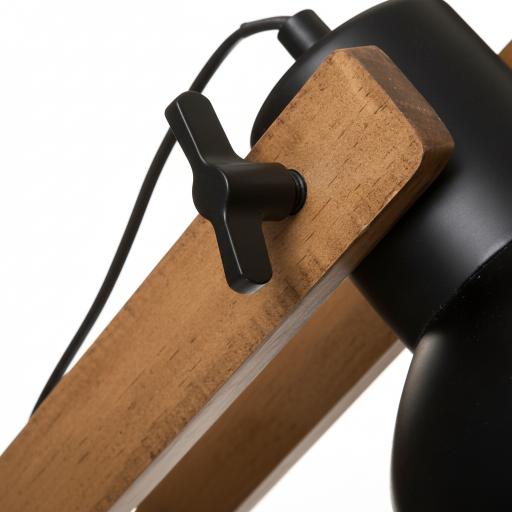 Lampada da Terra ad Arco Cuba, Braccio Articolato in Pino, Paralume Metallo Nero, H155cm, Attacco E27