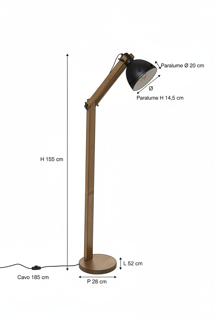 Lampada da Terra ad Arco Cuba, Braccio Articolato in Pino, Paralume Metallo Nero, H155cm, Attacco E27