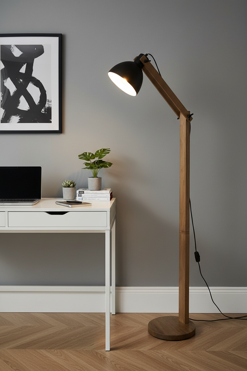 Lampada da Terra ad Arco Cuba, Braccio Articolato in Pino, Paralume Metallo Nero, H155cm, Attacco E27