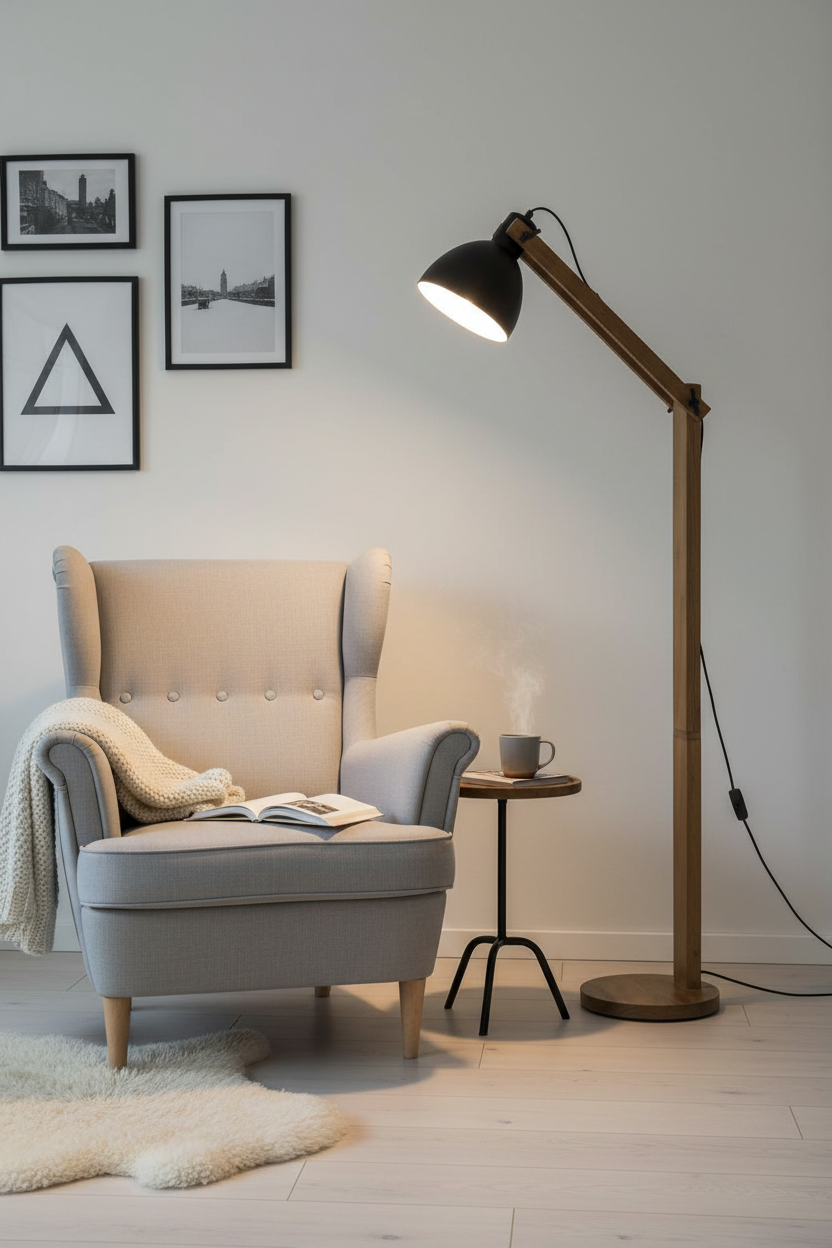Lampada da Terra ad Arco Cuba, Braccio Articolato in Pino, Paralume Metallo Nero, H155cm, Attacco E27