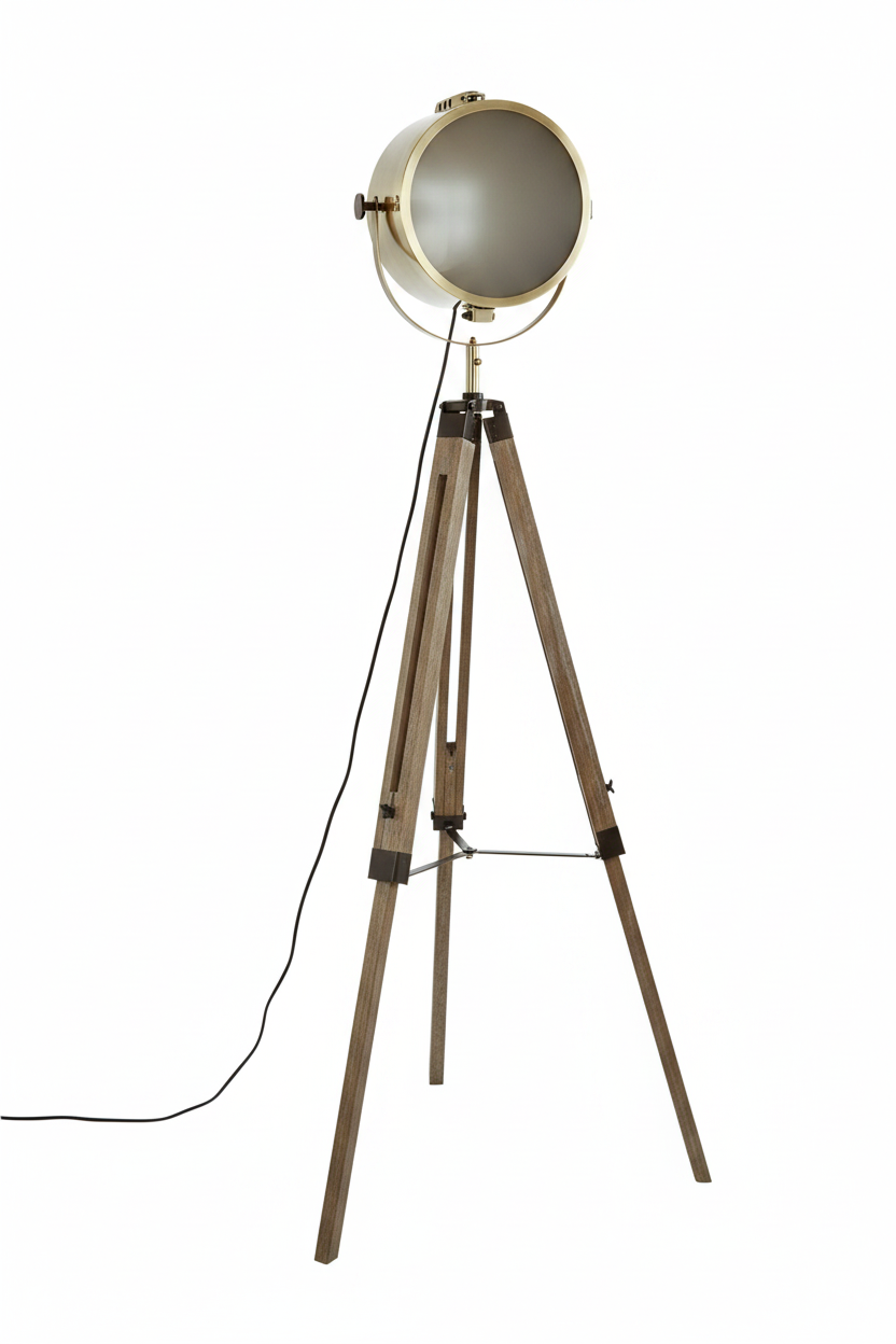 Lampada da Terra a Treppiede Ebor, Faro Orientabile in Acciaio Bronzo, Treppiede Legno Rustico, H152cm, E27