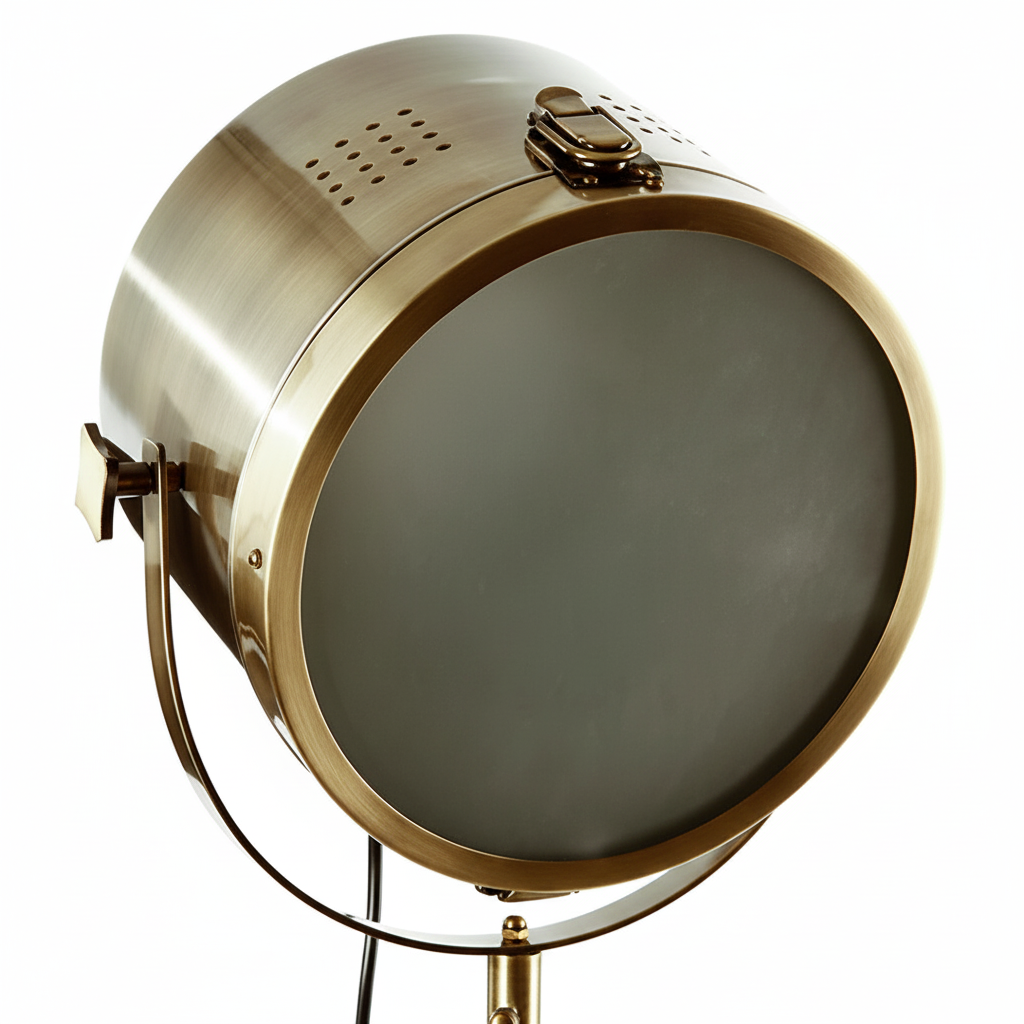 Lampada da Terra a Treppiede Ebor, Faro Orientabile in Acciaio Bronzo, Treppiede Legno Rustico, H152cm, E27