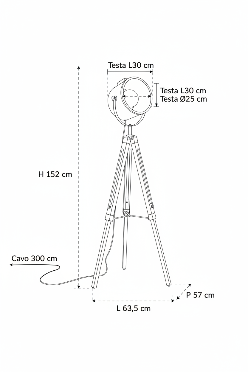Lampada da Terra a Treppiede Ebor, Faro Orientabile in Acciaio Bronzo, Treppiede Legno Rustico, H152cm, E27
