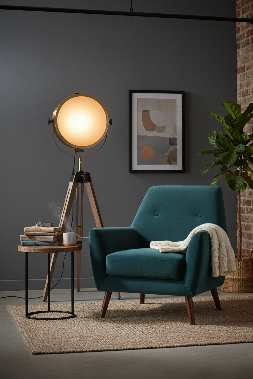 Lampada da Terra a Treppiede Ebor, Faro Orientabile in Acciaio Bronzo, Treppiede Legno Rustico, H152cm, E27