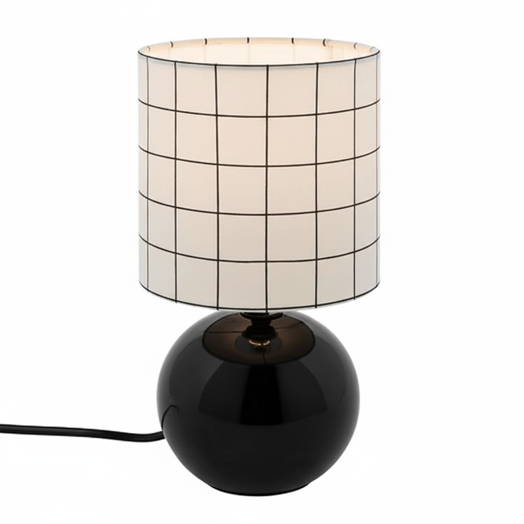 Lampada da Tavolo Sfera Timeo, Base Dolomite Nera Lucida, Paralume Cotone Fantasia Griglia, H25cm, Attacco E14