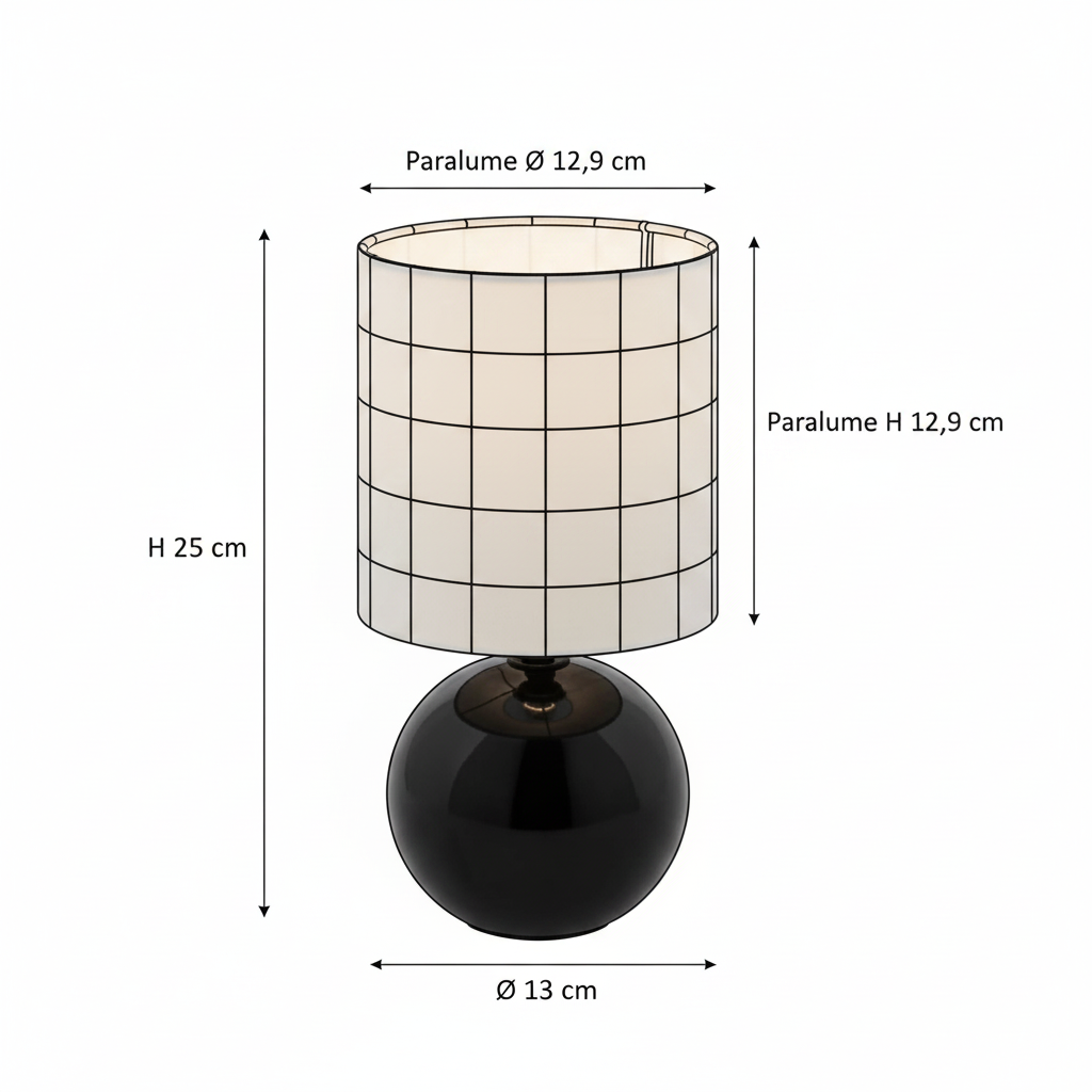 Lampada da Tavolo Sfera Timeo, Base Dolomite Nera Lucida, Paralume Cotone Fantasia Griglia, H25cm, Attacco E14