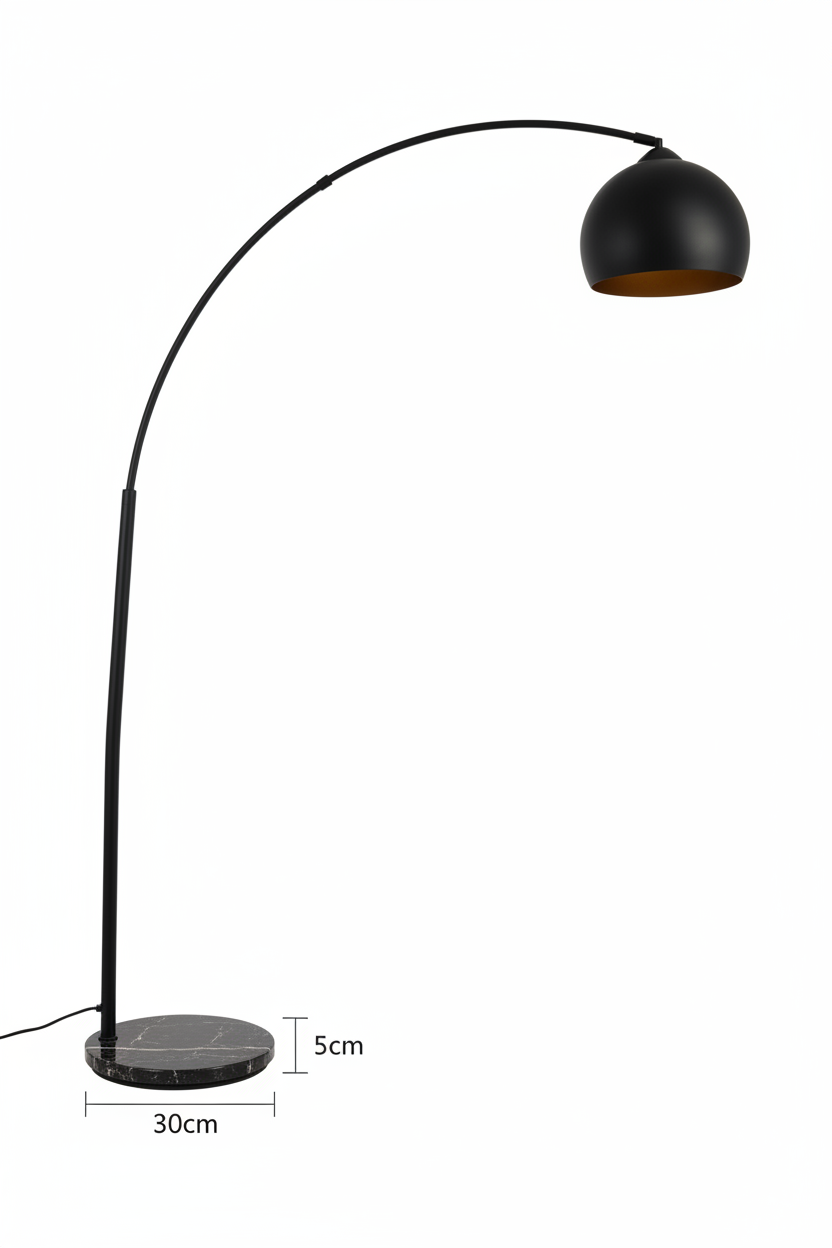 Lampada da Terra ad Arco Hyto in Marmo e Acciaio Nero, H178cm, Paralume Ø28,5cm Interno Oro, Attacco E27, Cavo 180cm