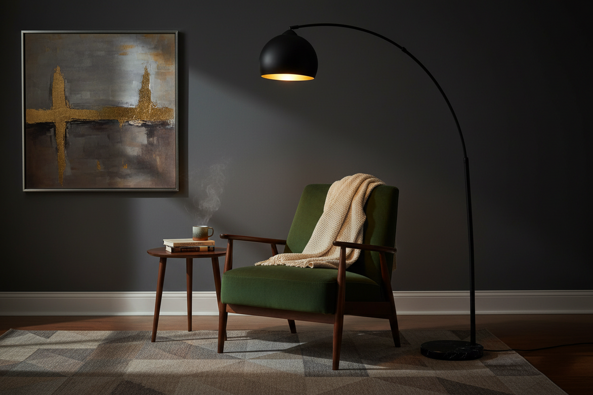 Lampada da Terra ad Arco Hyto in Marmo e Acciaio Nero, H178cm, Paralume Ø28,5cm Interno Oro, Attacco E27, Cavo 180cm