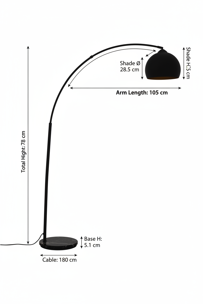 Lampada da Terra ad Arco Hyto in Marmo e Acciaio Nero, H178cm, Paralume Ø28,5cm Interno Oro, Attacco E27, Cavo 180cm