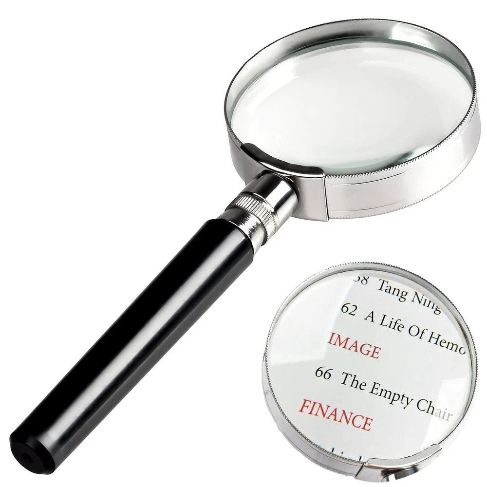 Lente di Ingrandimento a Mano con Cristallo e Bordo Metallo, Diametro a Scelta 60/75/90/100mm, per Lettura e Hobby