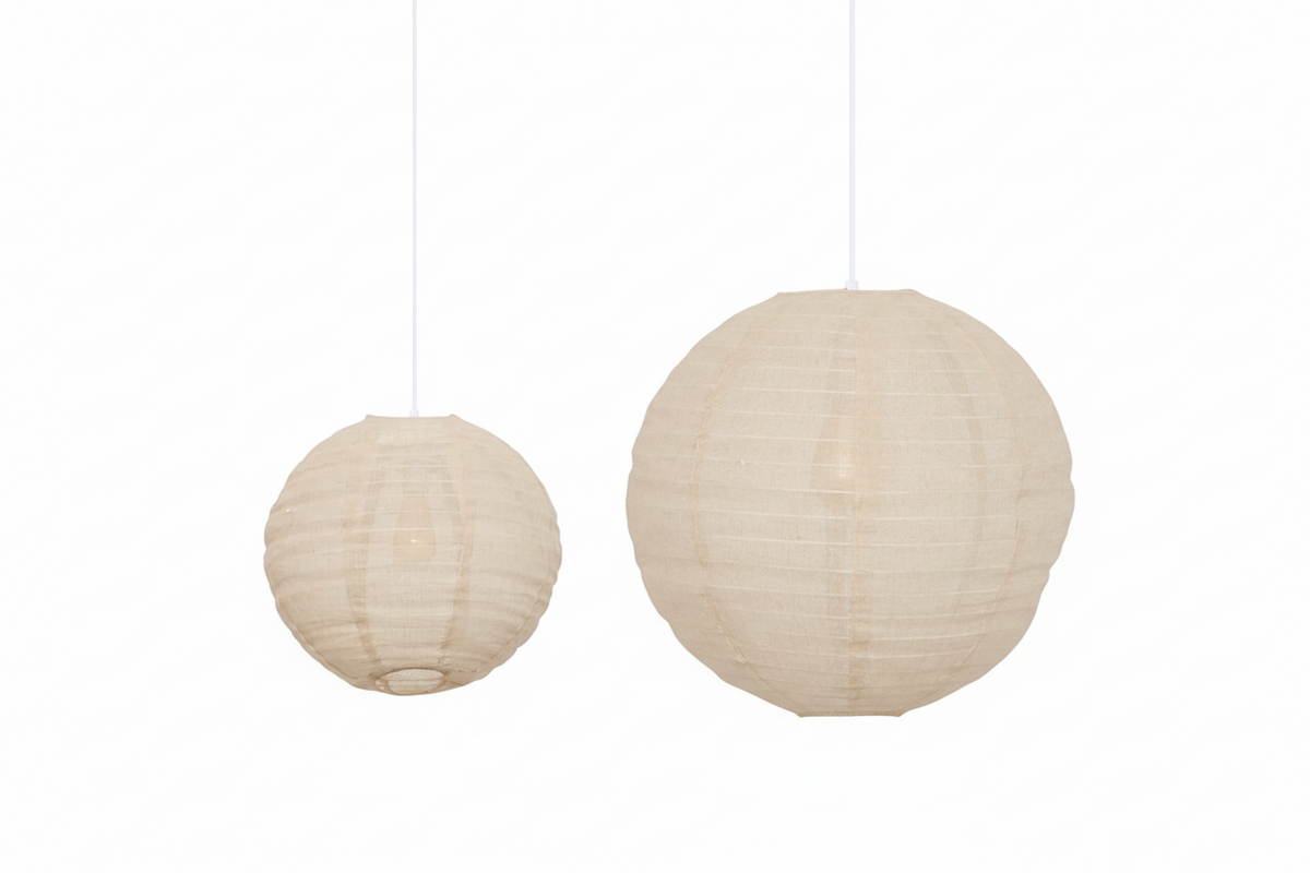 Lampada a Sospensione Lanterna Sfera Jordy in Lino Beige, 2 Misure Ø43 Ø57cm, Uso Interno