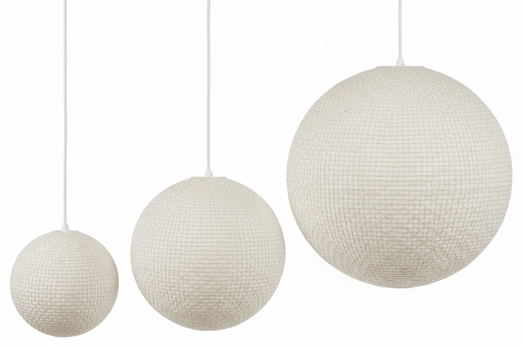 Lampada a Sospensione Lanterna Sfera Jordy in Lino Bianco, Disponibile in 3 Misure Ø32 Ø43 Ø57cm, Uso Interno