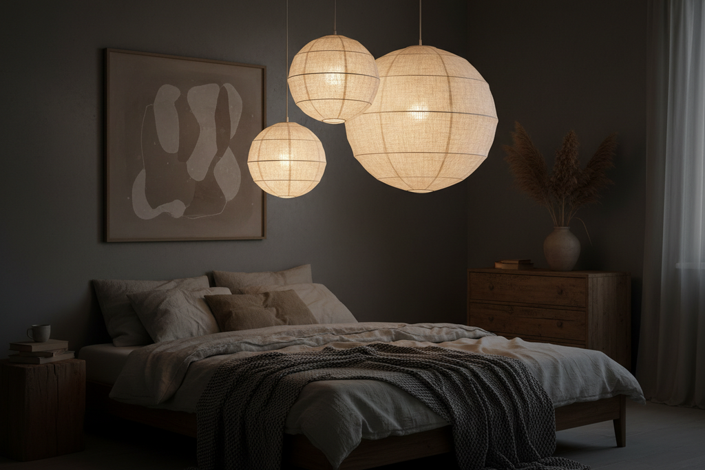 Lampada a Sospensione Lanterna Sfera Jordy in Lino Bianco, Disponibile in 3 Misure Ø32 Ø43 Ø57cm, Uso Interno