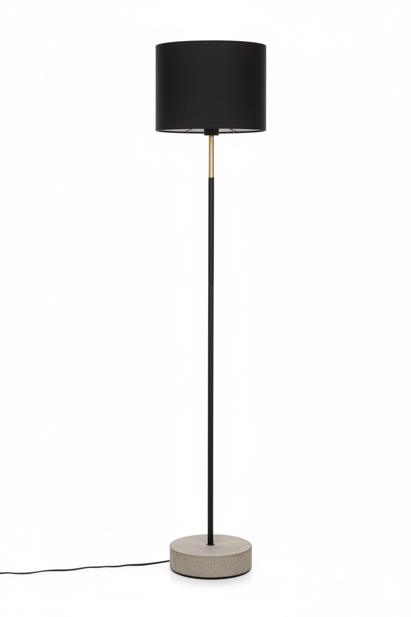 Lampada da Terra Jule, Cemento e Acciaio Nero, H150cm, Paralume Tessuto Ø32cm, Cavo 185cm con Interruttore