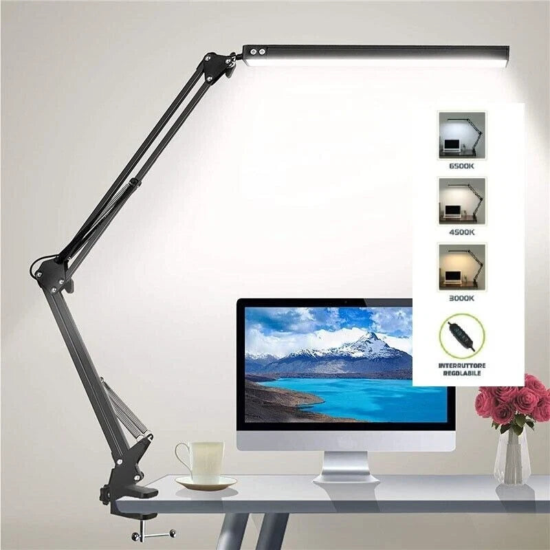 Lampada LED Scrivania con Braccio Flessibile e Morsetto, 80 LED, 10 Livelli, 3 Colori, 5,6W 230V, Nera