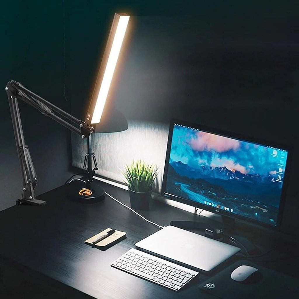 Lampada LED Scrivania con Braccio Flessibile e Morsetto, 80 LED, 10 Livelli, 3 Colori, 5,6W 230V, Nera