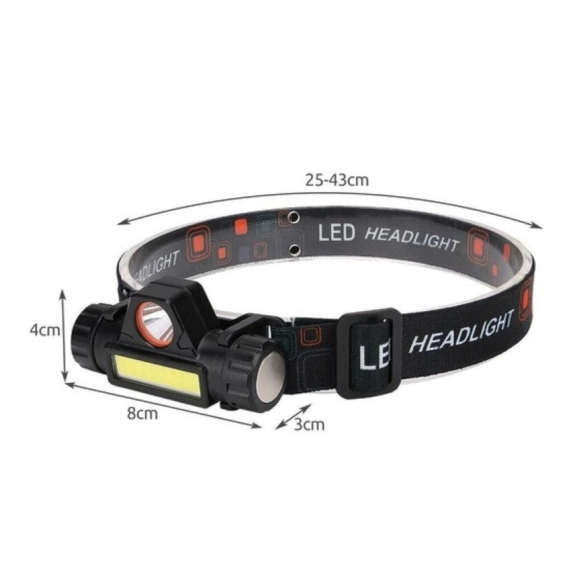 Lampada Frontale COB + CREE LED 200LM, USB Ricaricabile 400mAh, Inclinazione 120°, per Pesca Caccia Trekking