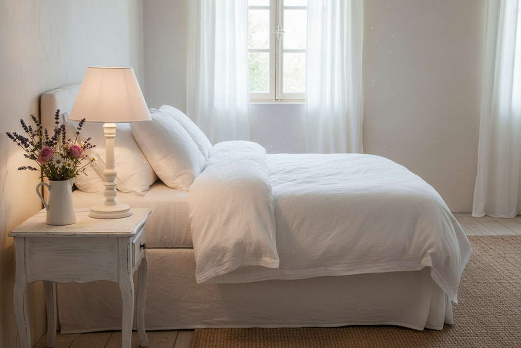 Lampada da Tavolo Leo in Legno di Pino Tornito Bianco, H36cm, Paralume Troncoconico Ø20cm Poliestere, Cavo 150cm