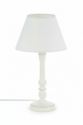Lampada da Tavolo Leo in Legno di Pino Tornito Bianco, H36cm, Paralume Troncoconico Ø20cm Poliestere, Cavo 150cm
