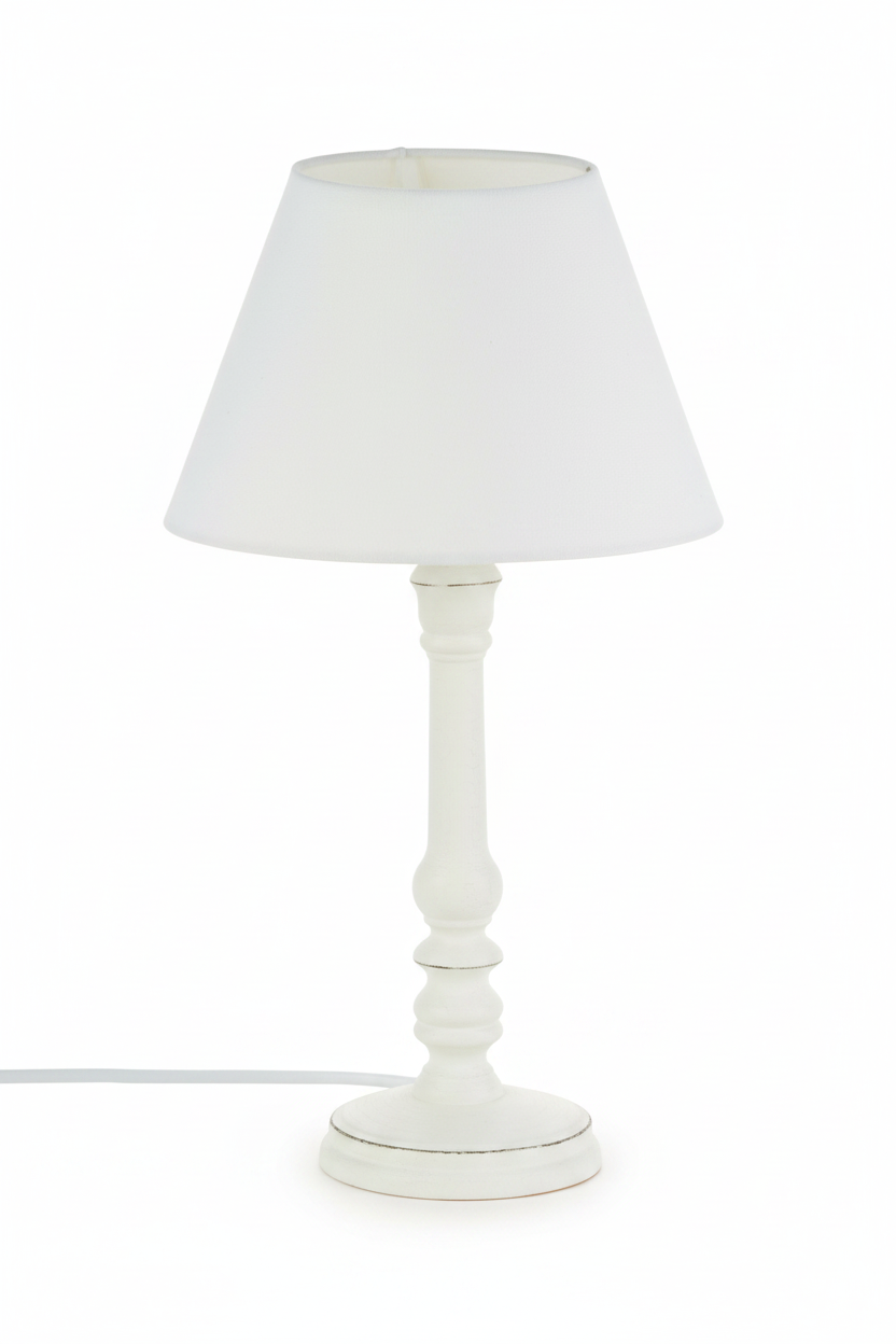 Lampada da Tavolo Leo in Legno di Pino Tornito Bianco, H36cm, Paralume Troncoconico Ø20cm Poliestere, Cavo 150cm