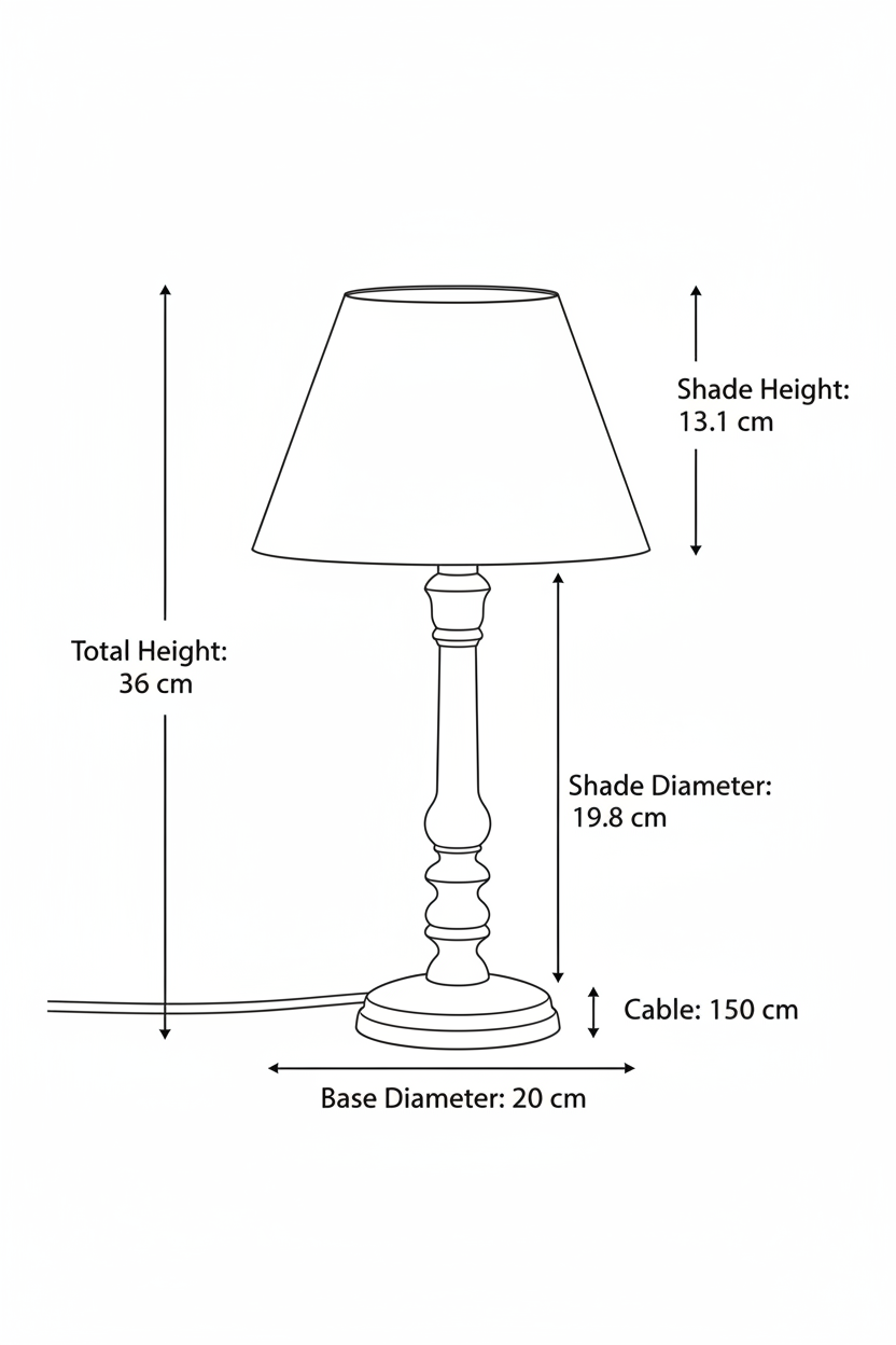 Lampada da Tavolo Leo in Legno di Pino Tornito Bianco, H36cm, Paralume Troncoconico Ø20cm Poliestere, Cavo 150cm