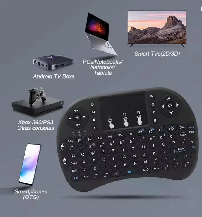 Mini Tastiera Wireless 2,4GHz con Touchpad e Retroilluminazione 4 Colori, 69 Tasti, per Android TV, PC, Smart TV