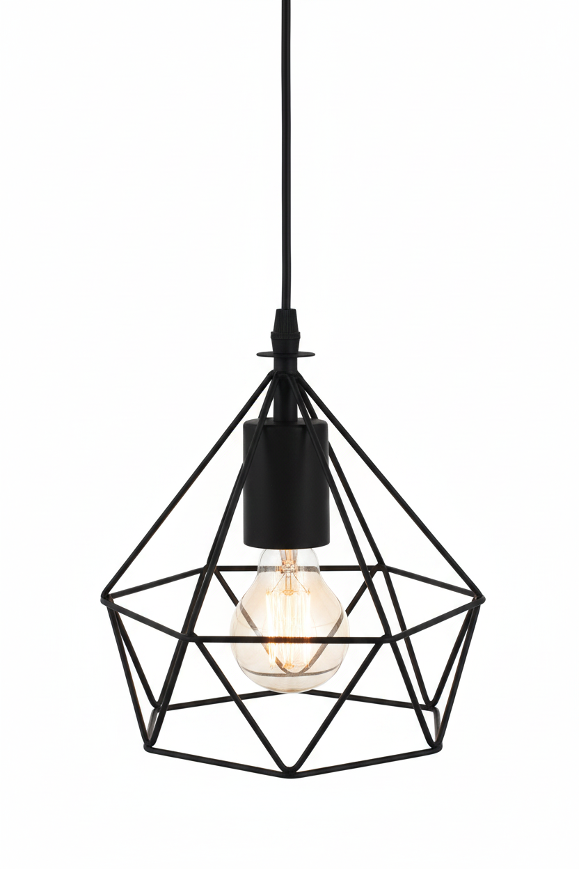 Lampada a Sospensione Mtlfil in Ferro Nero, Gabbia Geometrica Diamante Ø19cm H22cm, Attacco E27, Cavo 100cm