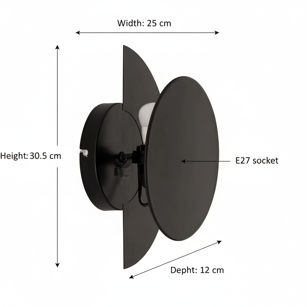 Applique da Parete Mysti in Acciaio Nero, Doppio Disco Orientabile, L25cm H30,5cm, Attacco E27