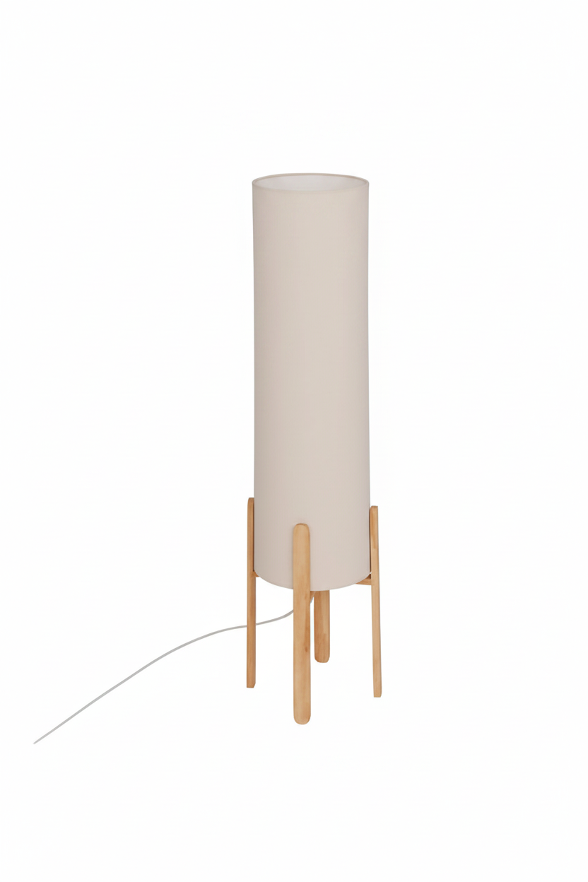 Lampada da Terra Rafa, Paralume Cilindrico in PVC Beige, Treppiede in Legno, H107cm, Attacco E27