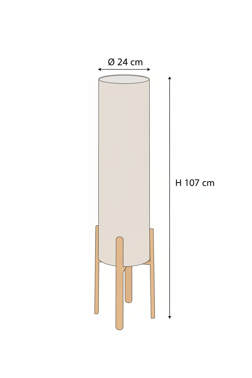 Lampada da Terra Rafa, Paralume Cilindrico in PVC Beige, Treppiede in Legno, H107cm, Attacco E27