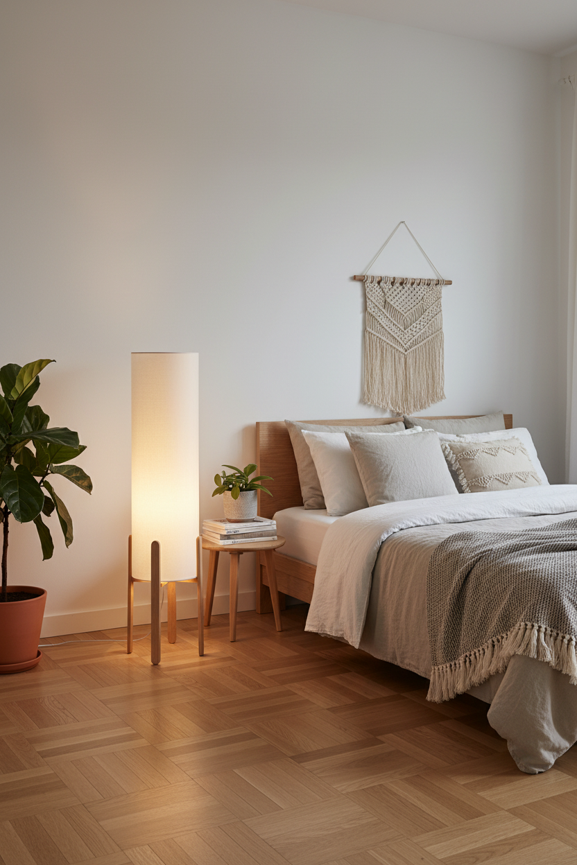 Lampada da Terra Rafa, Paralume Cilindrico in PVC Beige, Treppiede in Legno, H107cm, Attacco E27