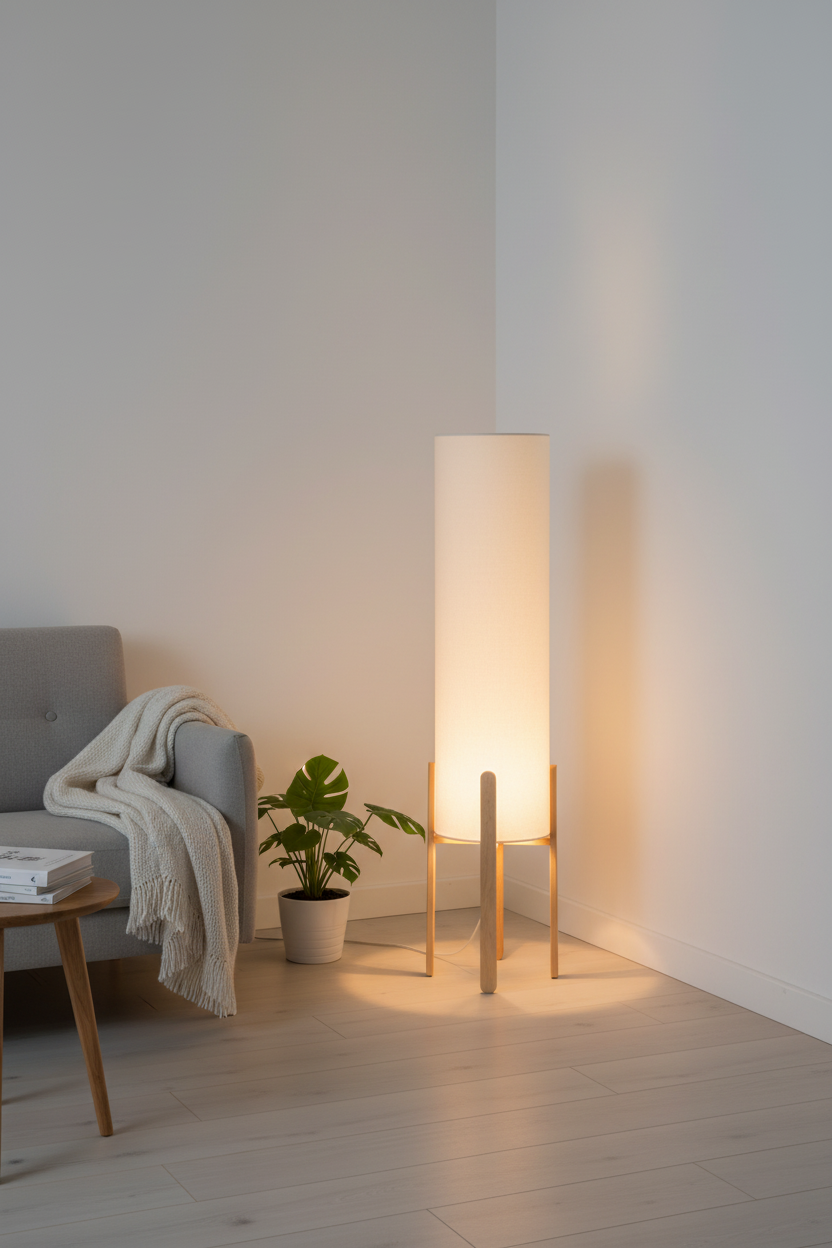 Lampada da Terra Rafa, Paralume Cilindrico in PVC Beige, Treppiede in Legno, H107cm, Attacco E27