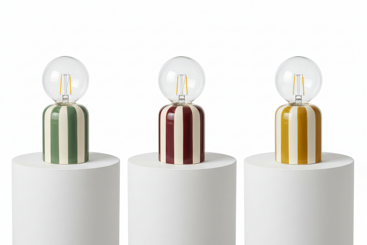 Lampada da Tavolo LED Rico, Base Dolomite a Righe, Lampadina Sfera Inclusa, H19,5cm, A Batteria — 3 Colori