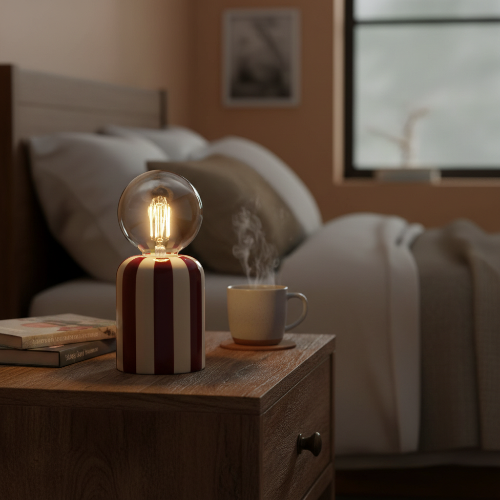 Lampada da Tavolo LED Rico, Base Dolomite a Righe, Lampadina Sfera Inclusa, H19,5cm, A Batteria — 3 Colori