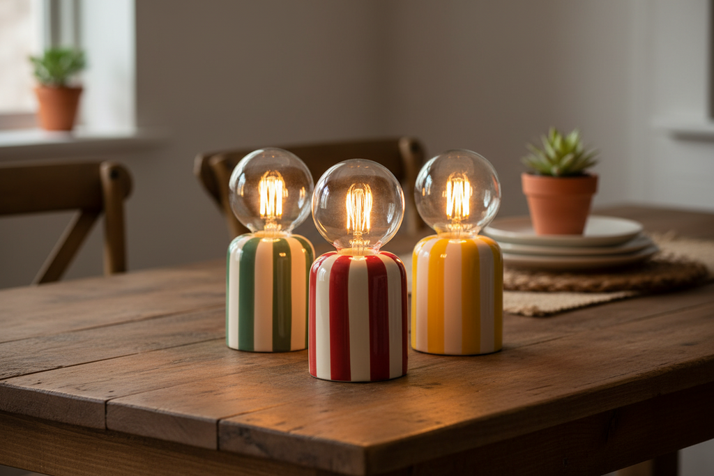 Lampada da Tavolo LED Rico, Base Dolomite a Righe, Lampadina Sfera Inclusa, H19,5cm, A Batteria — 3 Colori