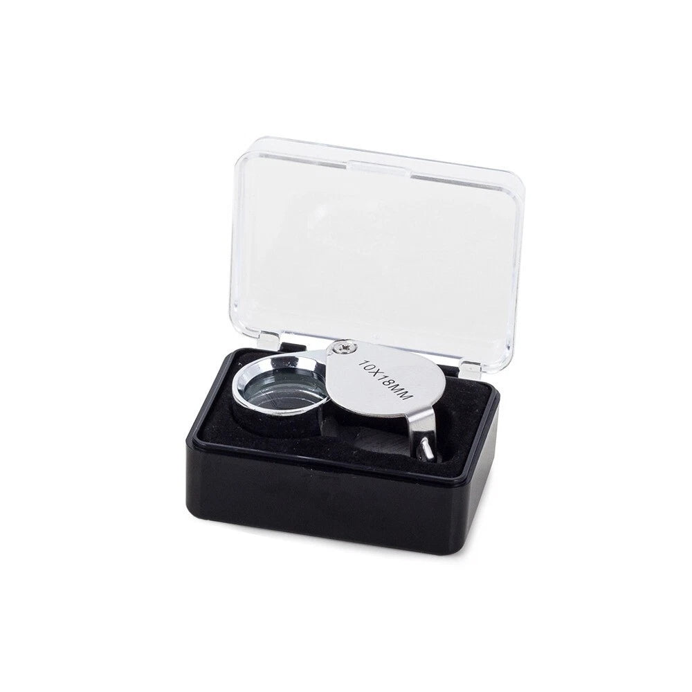 Lente Pieghevole Tascabile 10x Ø18mm in Alluminio Argento Lucido, con Scatola, per Gioielli Monete Filatelia