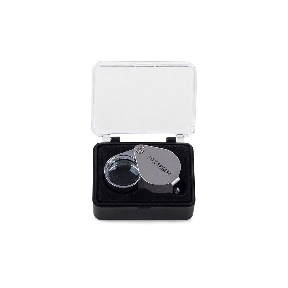 Lente Pieghevole Tascabile 10x Ø18mm in Alluminio Argento Lucido, con Scatola, per Gioielli Monete Filatelia