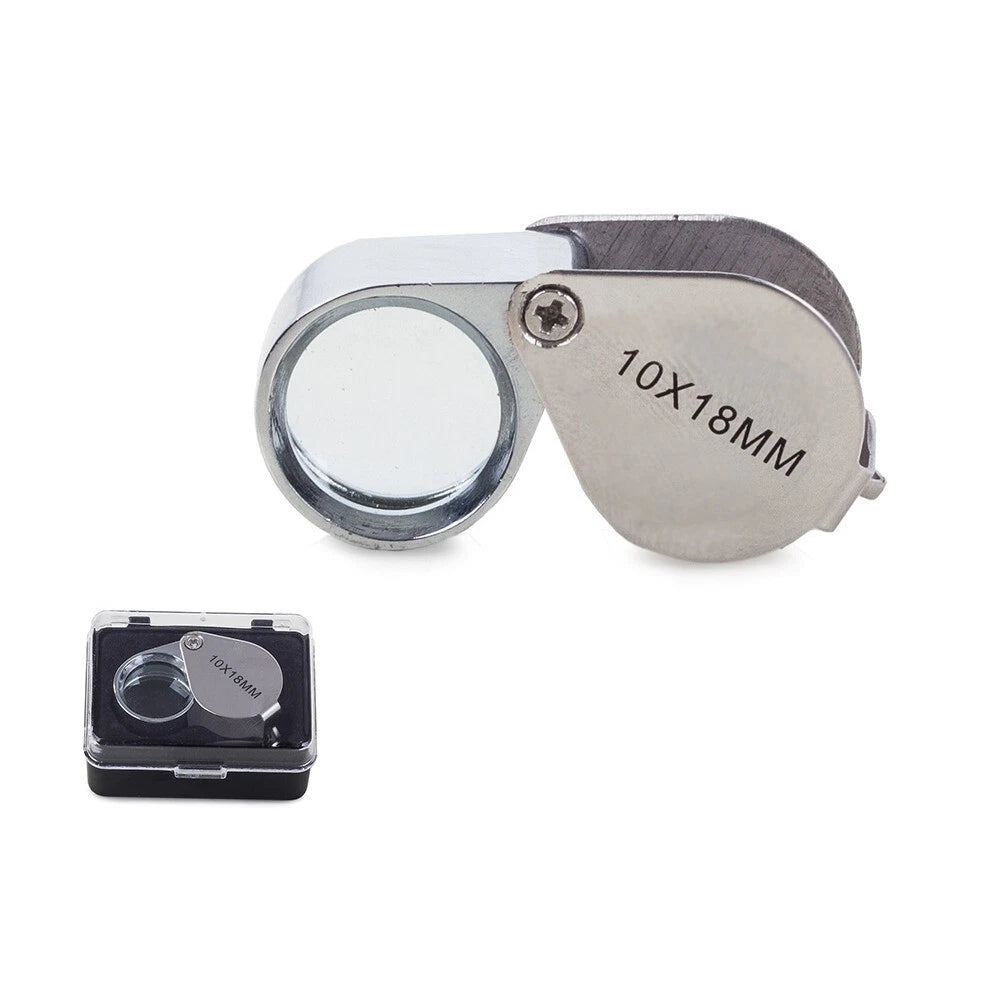 Lente Pieghevole Tascabile 10x Ø18mm in Alluminio Argento Lucido, con Scatola, per Gioielli Monete Filatelia