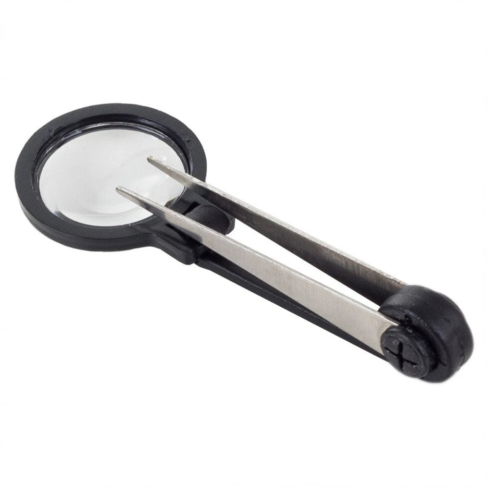 Lente d'Ingrandimento con Pinzette Integrate e Testa Regolabile, Ø25mm, 8,5cm, per Gioielleria e Monete