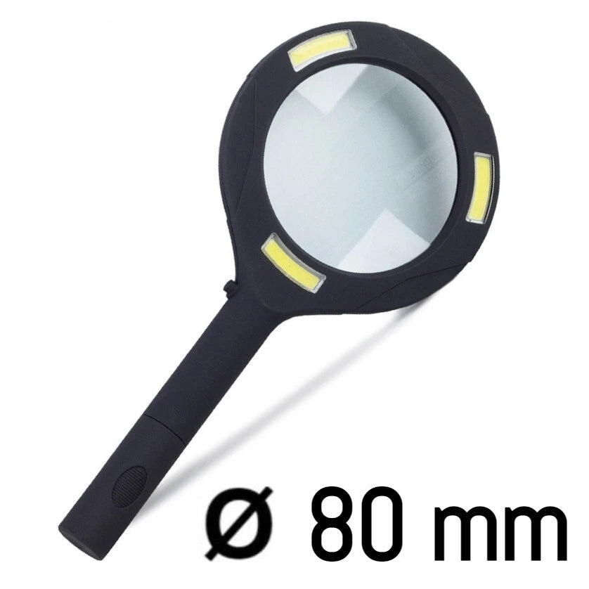 Lente di Ingrandimento 80mm con 3 LED ad Alta Luminosità, Manico in Plastica, 24,5x11,5cm