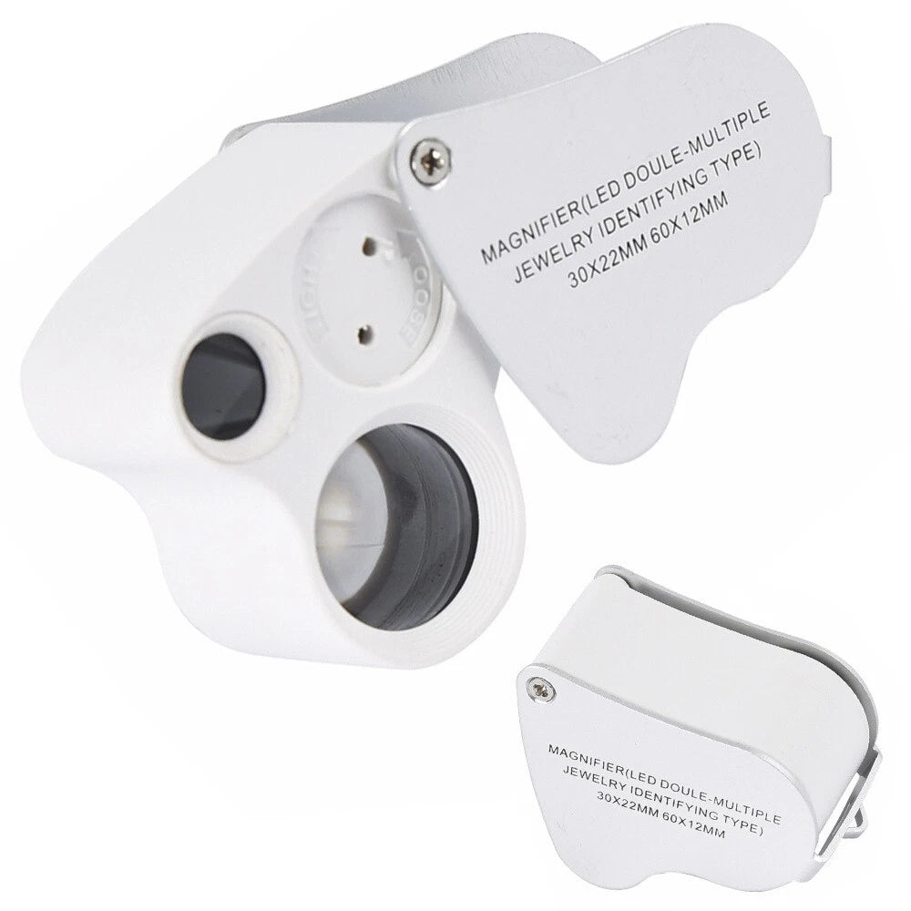Lente di Ingrandimento Tascabile 30x+60x con 2 LED, Doppia Lente Pieghevole, Corpo Alluminio, Batterie Incluse