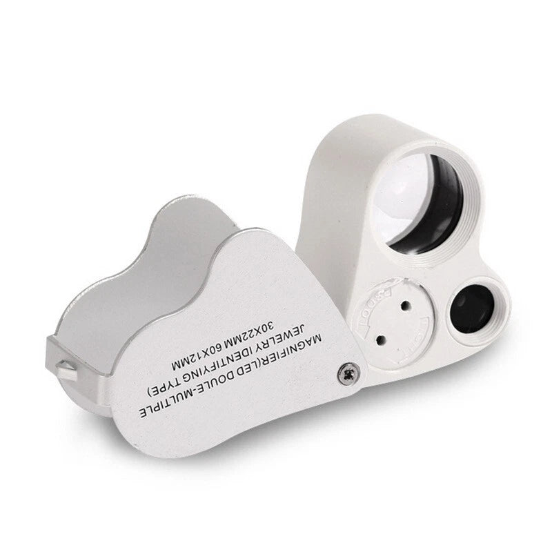 Lente di Ingrandimento Tascabile 30x+60x con 2 LED, Doppia Lente Pieghevole, Corpo Alluminio, Batterie Incluse
