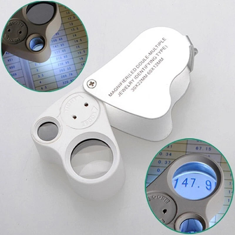 Lente di Ingrandimento Tascabile 30x+60x con 2 LED, Doppia Lente Pieghevole, Corpo Alluminio, Batterie Incluse