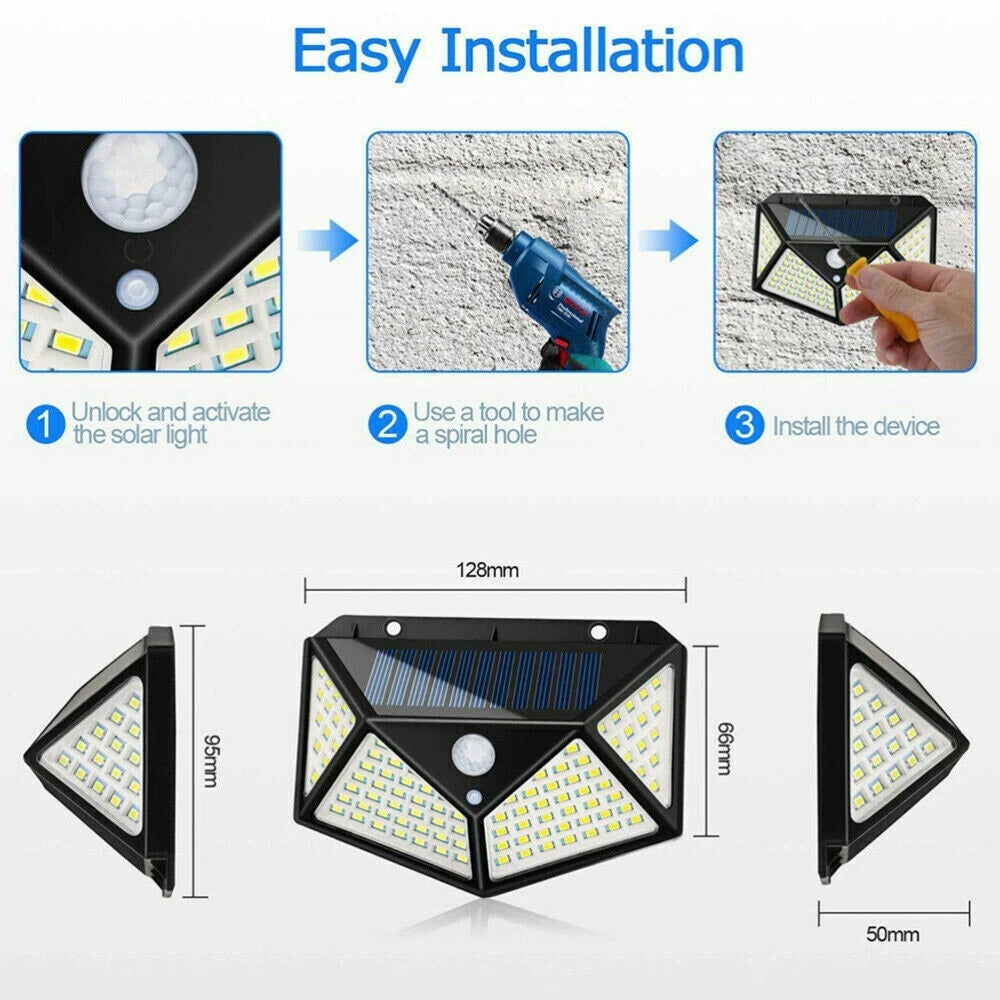 Lampada Solare 100 LED SMD da Parete con Sensore Movimento 270°, IP65, 1200LM, 1800mAh, per Giardino