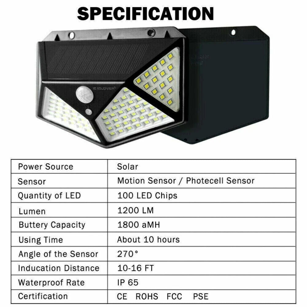 Lampada Solare 100 LED SMD da Parete con Sensore Movimento 270°, IP65, 1200LM, 1800mAh, per Giardino
